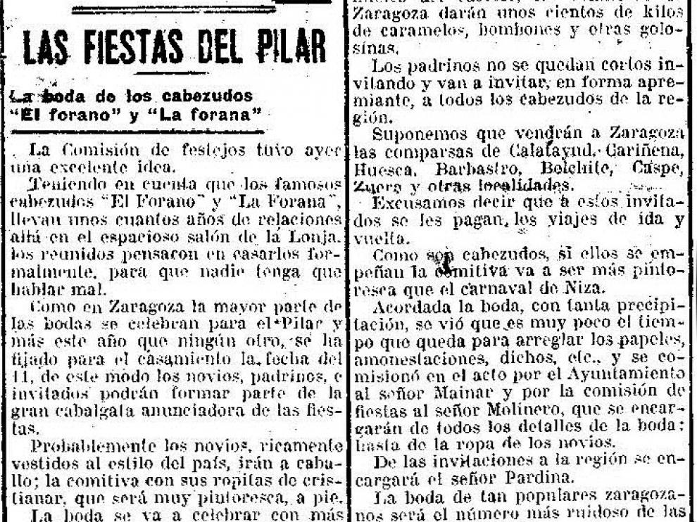 Hace un siglo, unos días antes de las fiestas del Pilar, HERALDO anunció la boda de dos cabezudos: la Forana y el Forano.