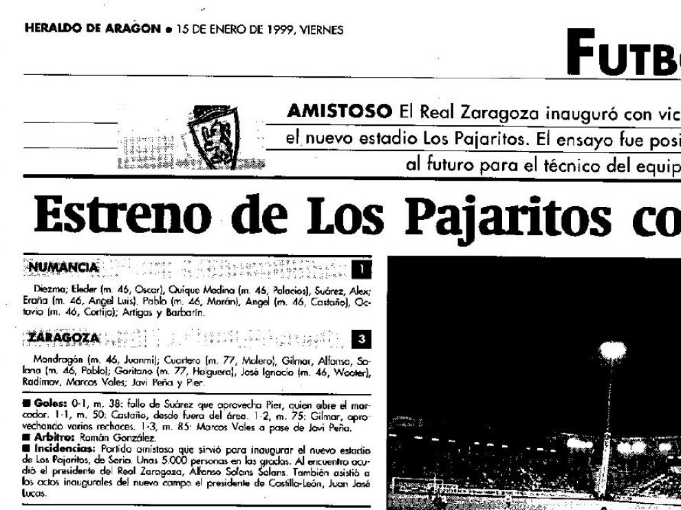 Encabezamiento de la información del partido en el que el Real Zaragoza acudió a Soria para inaugurar junto al Numancia el nuevo estadio de Los Pajaritos, en enero de 1999.