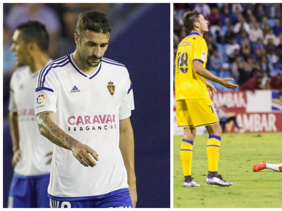 A la izda., Cani se retira lesionado en el Levante-Real Zaragoza del 10 de septiembre. A la dcha., momento en el que Xumetra cae dañado en el tobillo derecho por una entrada de un rival del Alcorcón, el 17 de septiembre.