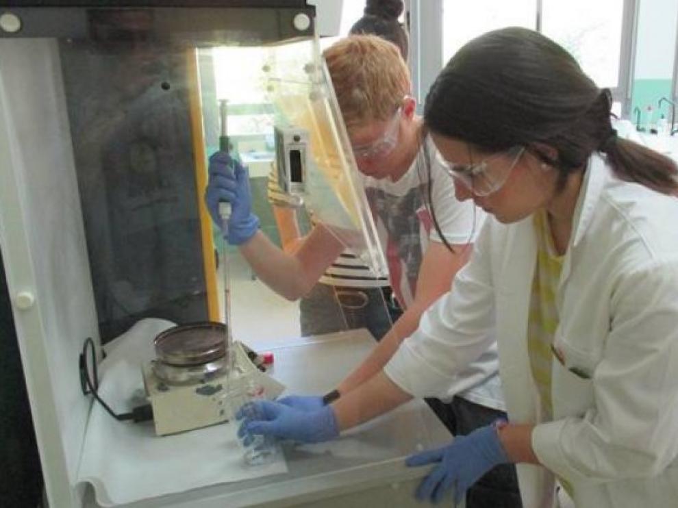 Alumnos del instituto Sierra de San Quílez, de Binéfar, hacen prácticas en el laboratorio.