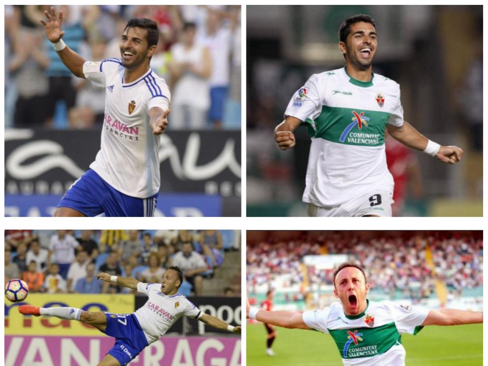 Imágenes duales de Ángel y Xumetra, en su presente como jugadores del Real Zaragoza y en su pasado reciente en las filas del Elche, donde ambos coincidieron como ahora.