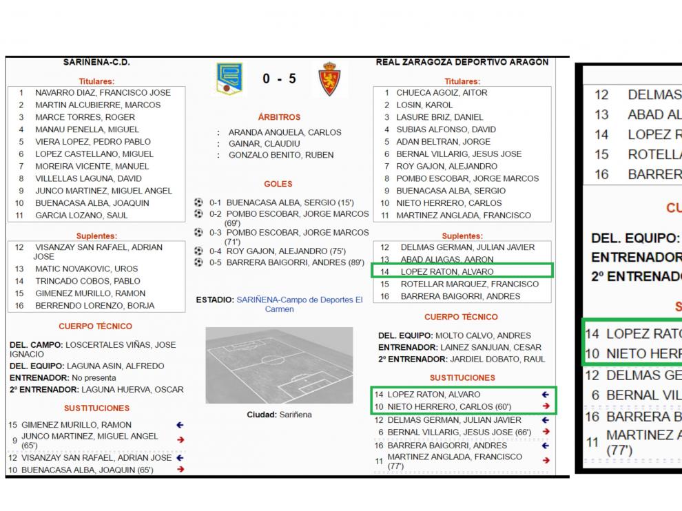 Acta oficial del partido Sariñena-RZD Aragón. A la dcha., detalle del banquillo del filial zaragocista y la secuencia de las sustituciones, donde Ratón aparece reseñado por el árbitro.