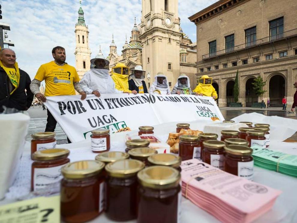 Protesta de apicultores aragoneses en la Plaza del Pilar