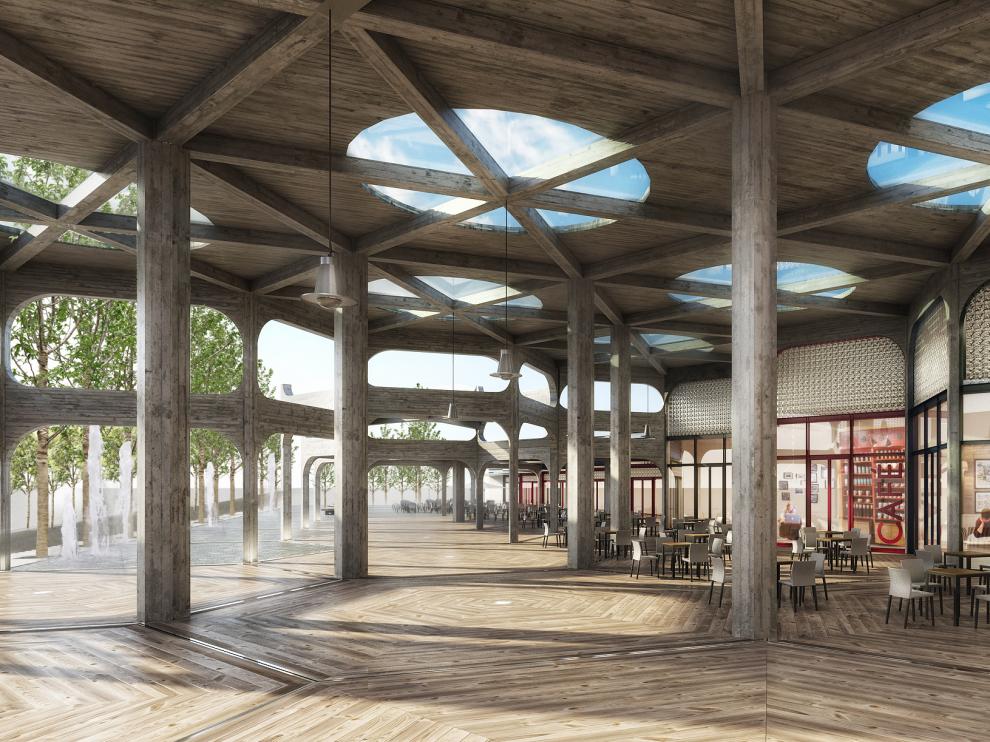 Recreación de la zona de restauración prevista para Torre Village en las antiguas oficinas de Pikolin.
