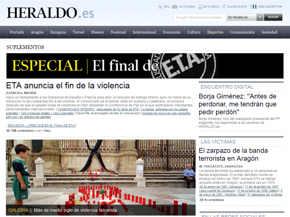 Portada del suplemento especial de Heraldo por el fin de ETA