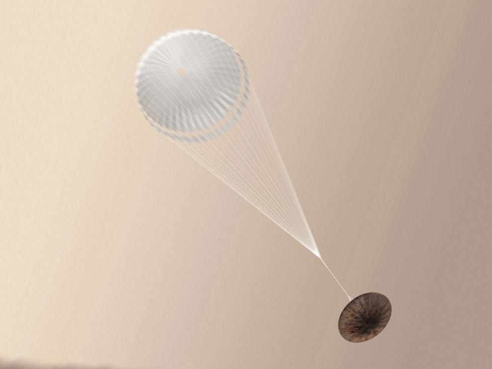 Imagen facilitada por la Agencia Espacial Europea (ESA) muestra una ilustración de un artista del módulo Schiaparelli durante su aterrizaje en Marte.