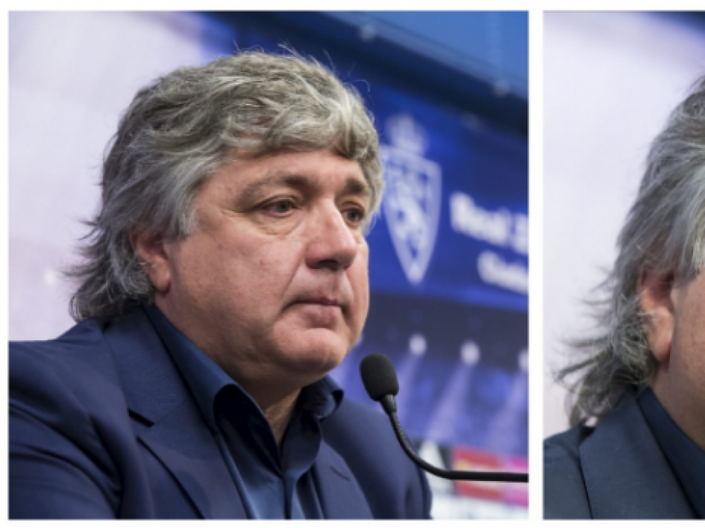 Cuatro momentos de la rueda de prensa de Narciso Juliá tras el despido de Luis Milla.