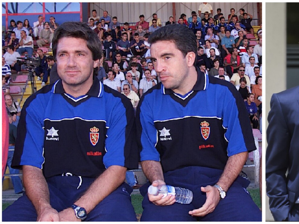 A la izda., Juanma Lillo y Narciso Juliá, en el verano de 2000, en un amistoso jugado por el Real Zaragoza en Teruel (curiosamente, la ciudad de Milla). A la dcha. Juliá acompaña a Luis Milla camino de La Romareda el pasado mes de junio.