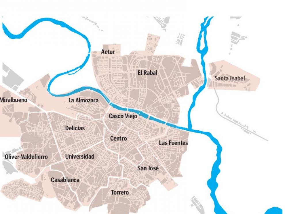 Mapa de los barrios de Zaragoza.