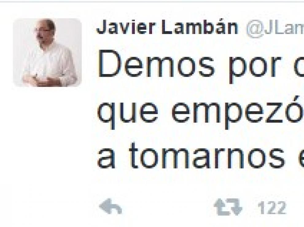Mensaje de Javier Lambán en Twitter sobre la renuncia de Sánchez