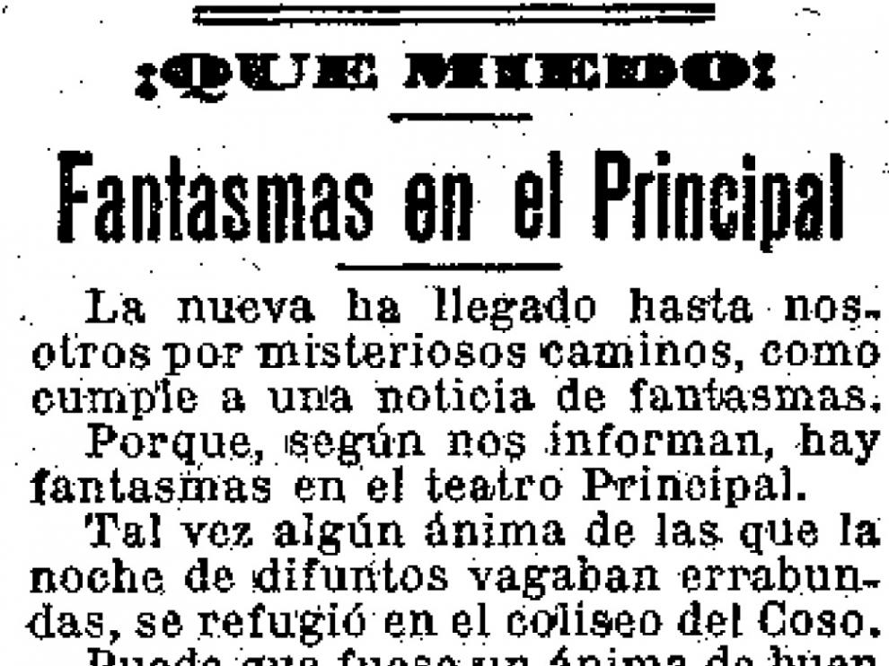 Noticia publicada por HERALDO DE ARAGÓN sobre la aparición de un fantasma en el Teatro Principal.