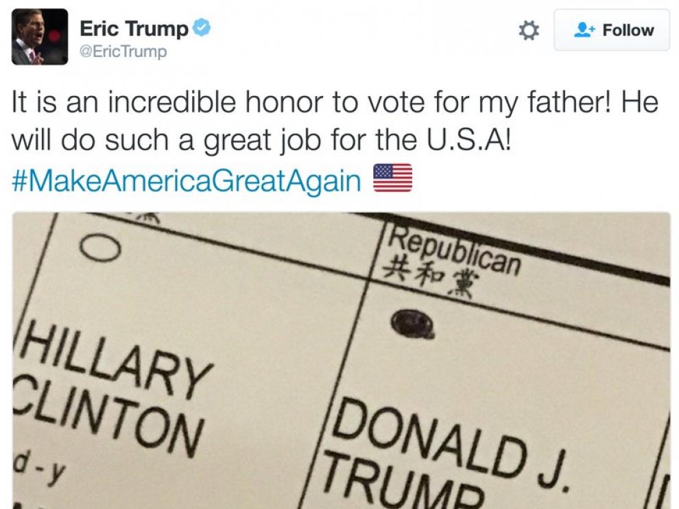 El tuit que publicó y después borró Eric Trump.