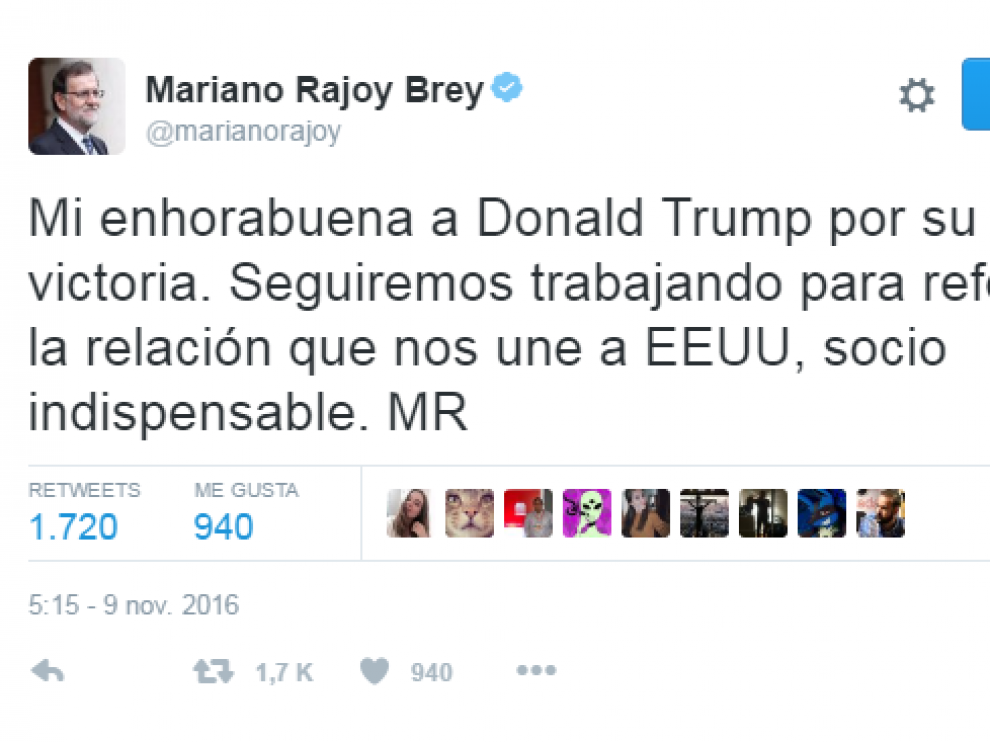 Mariano Rajoy ha felicitado a Donald Trump por su victoria a través de Twitter.