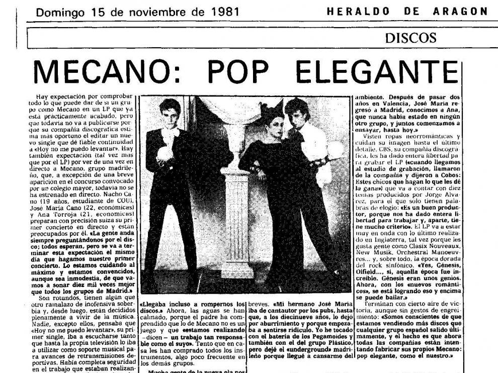 Primera noticia sobre Mecano aparecida en HERALDO DE ARAGÓN, el 15 de noviembre de 1981.