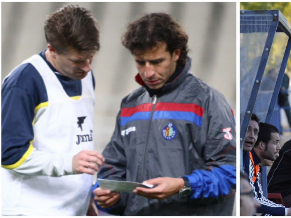 Dos imágenes retrospectivas de Milla, en su etapa en el banquillo del Getafe (como segundo de Laudrup), y de Esnáider, como técnico del Zaragoza B. Ambos iban a vivir un partido lleno de detalles emotivos este próximo domingo, pero ya no ejercen.