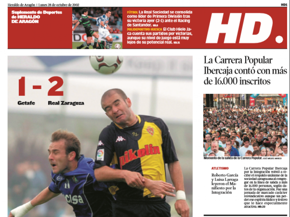 Portada de la sección de Deportes de Heraldo de Aragón el día después del triunfo 1-2 en el Coliseum del Real Zaragoza de 2002.