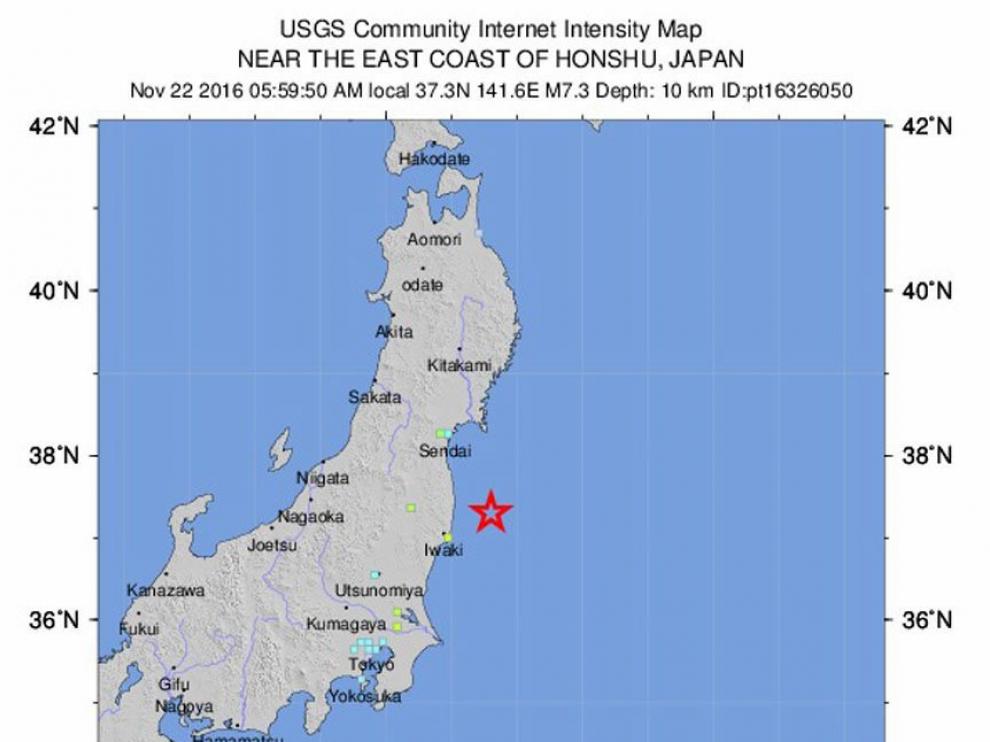El seísmo tuvo su hipocentro a 10 kilómetros de profundidad en la costa de Fukushima, a unos 200 kilómetros de Tokio.