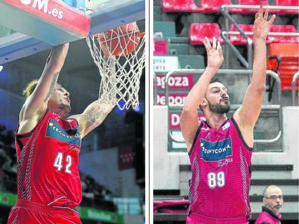 A la izquierda, Isaac Fotu machacando el aro rival, a la derecha, Jelovac realizando un lanzamiento.