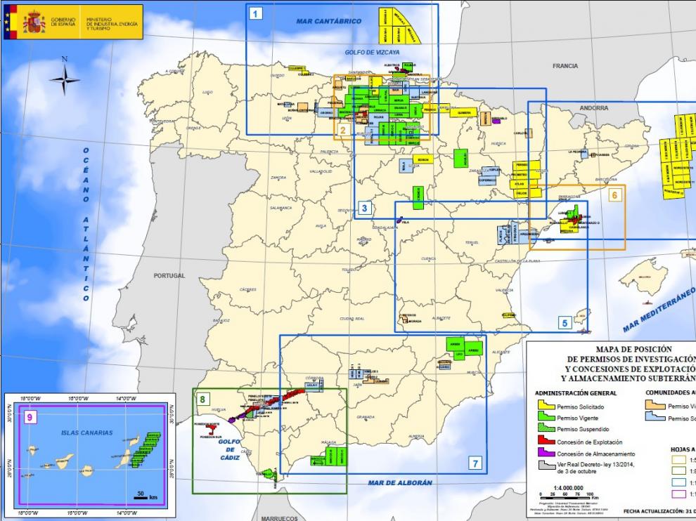 Último mapa del Ministerio de Industria con los permisos activos, solicitados, vigentes y suspendidos. En Aragón sólo queda uno en marcha.