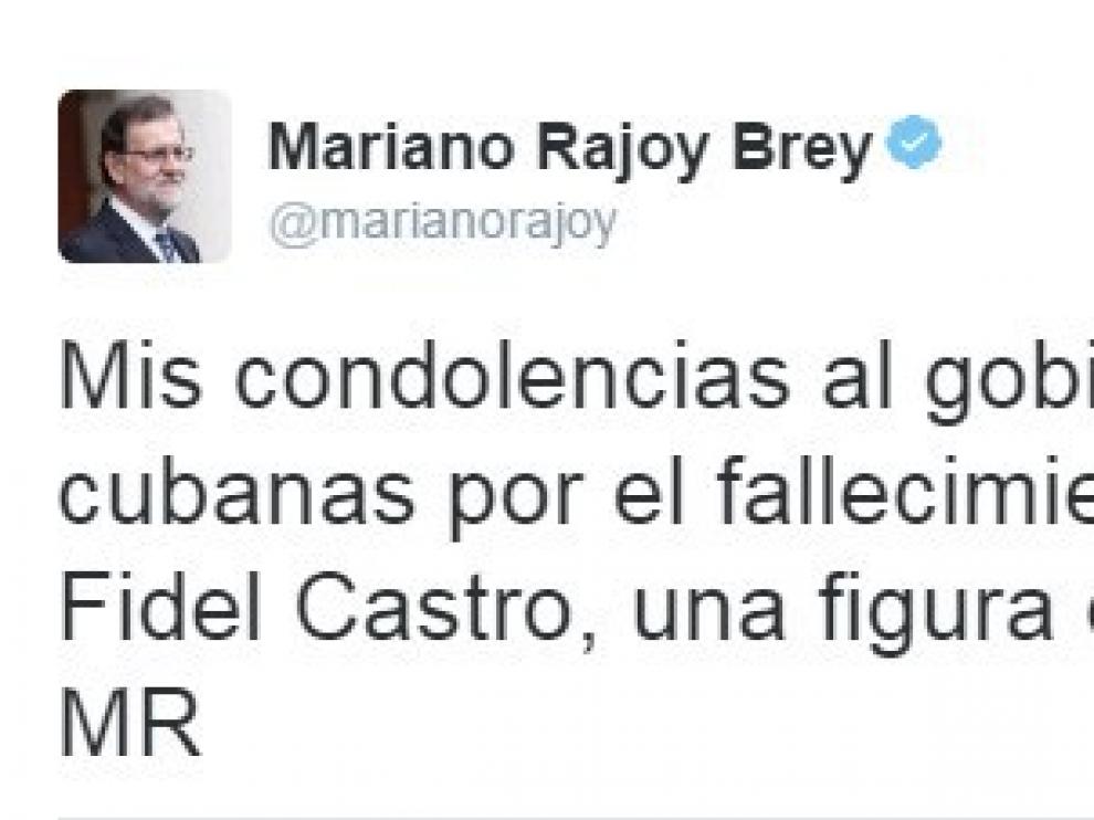 Mariano Rajoy expresa sus condolencias por la muerte de Castro en Twiter.