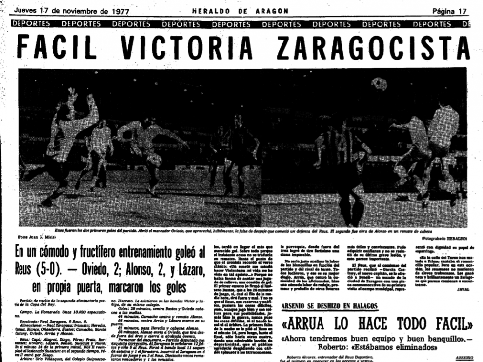 Encabezamiento de la crónica de HERALDO DE ARAGÓN del Real Zaragoza-Reus Deportivo de hace 39 años, en una eliminatoria de Copa en 1977.