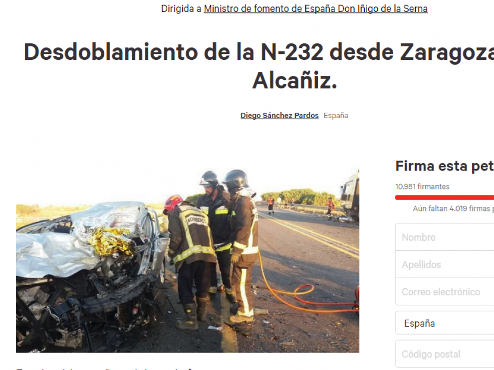 Recogida de firmas en Change.org para solicitar el desdoblamiento de la N-232.