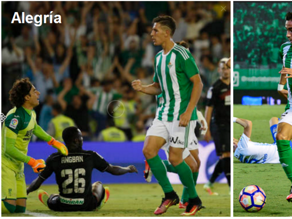 Alex Alegría (izda.) celebra su segundo gol al Granada, en el partido de liga que se jugó en el Villamarín en septiembre. A la dcha., Navarro pelea la pelota en el suelo con el malaguista Rosales, durante el Betis-Málaga de hace tres meses.
