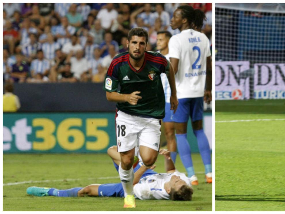 A la izda., Fran Mérida celebra un gol del Osasuna en La Rosaleda ante el Málaga. La dcha., Jaime Romero pugna con un rival en el partido Osasuna-Real Sociedad jugado en El Sadar.