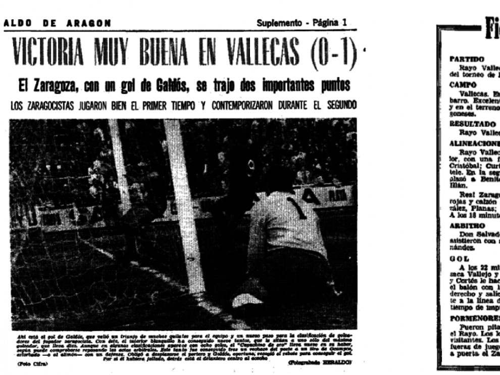 Información del HERALDO DE ARAGÓN sobre el Rayo Vallecano 0-Real Zaragoza 1 de enero de 1972.