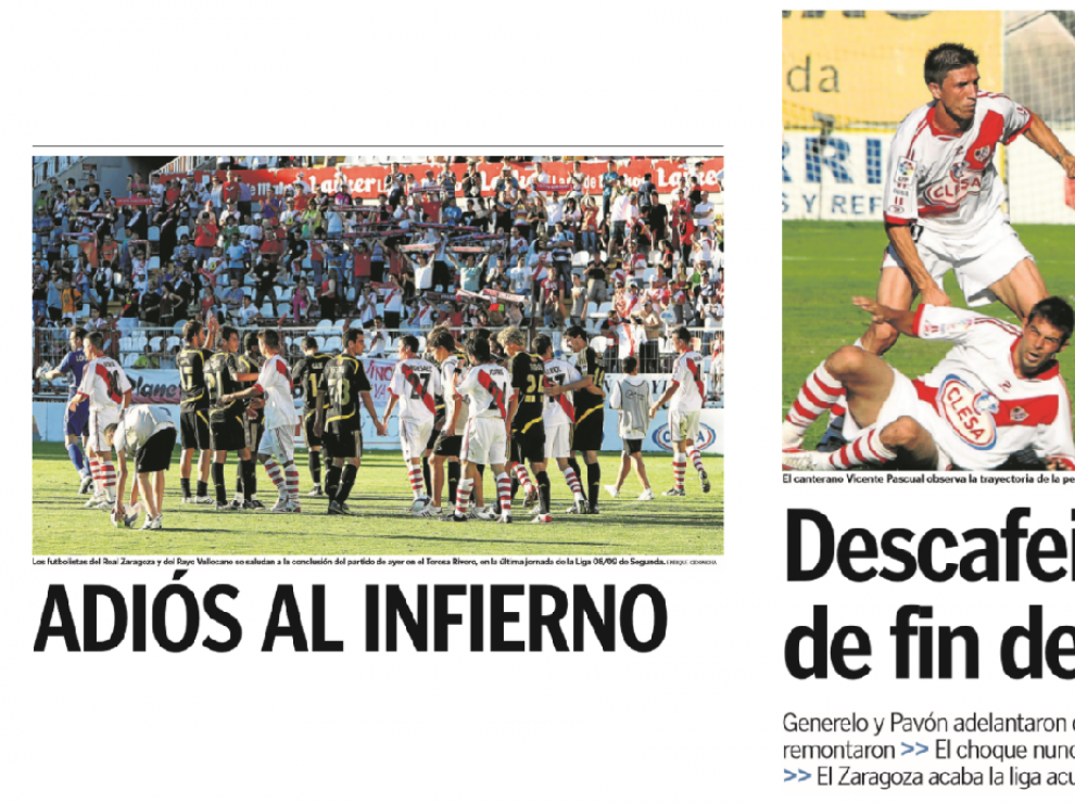 Dos extractos de las páginas de Heraldo de Aragón sobre la información del último Rayo Vallecano-Real Zaragoza en Segunda División, jugado en junio de 2009.