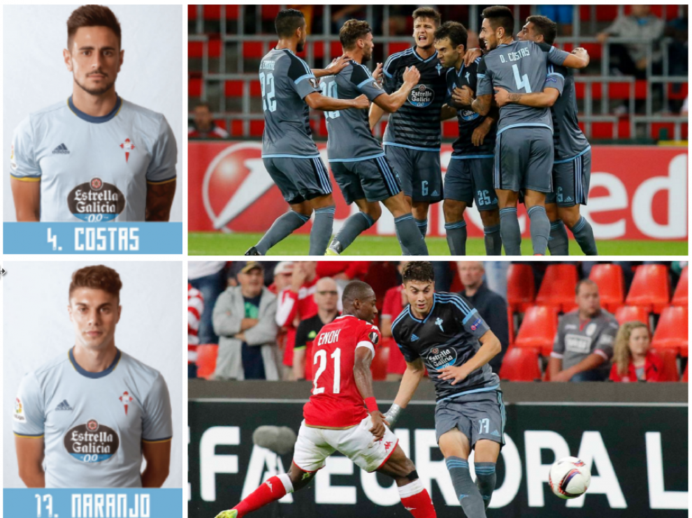 Costas y Naranjo, jugadores del Celta, en las fotos oficiales de su equipo y en el partido de la UEFA ante el Standard de Lieja belga que ambos jugaron.