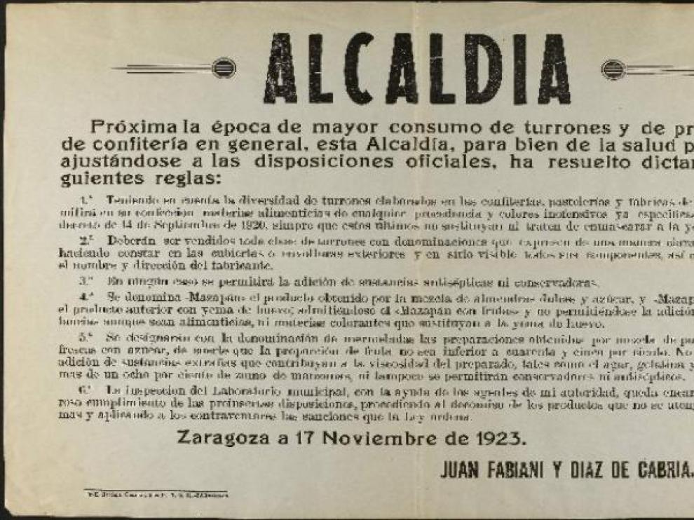 El bando sobre la correcta elaboración de turrón emitido por la Alcaldía de Zaragoza en 1920.