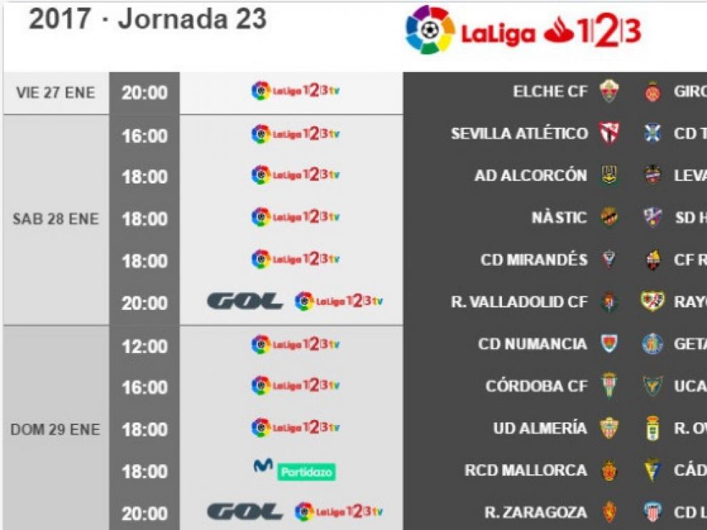 Horarios de la 23ª jornada en Segunda División.