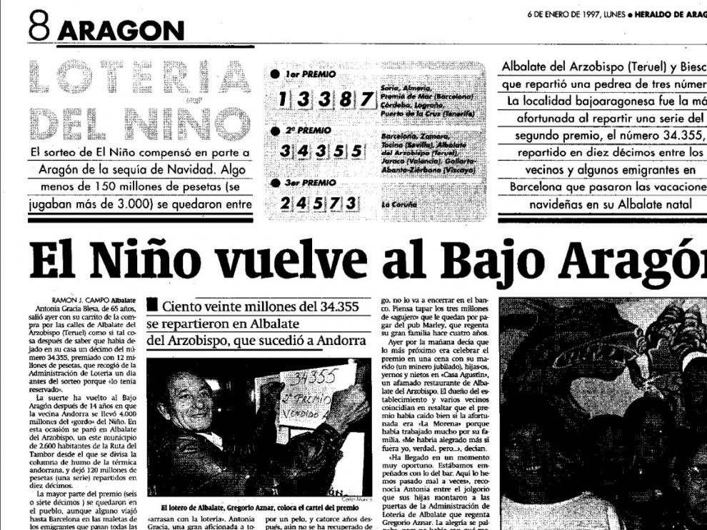 Así fue la página del Heraldo de Aragón del 6 de enero de 1997 que anunciaba el premio en Albalate del Arzobispo.