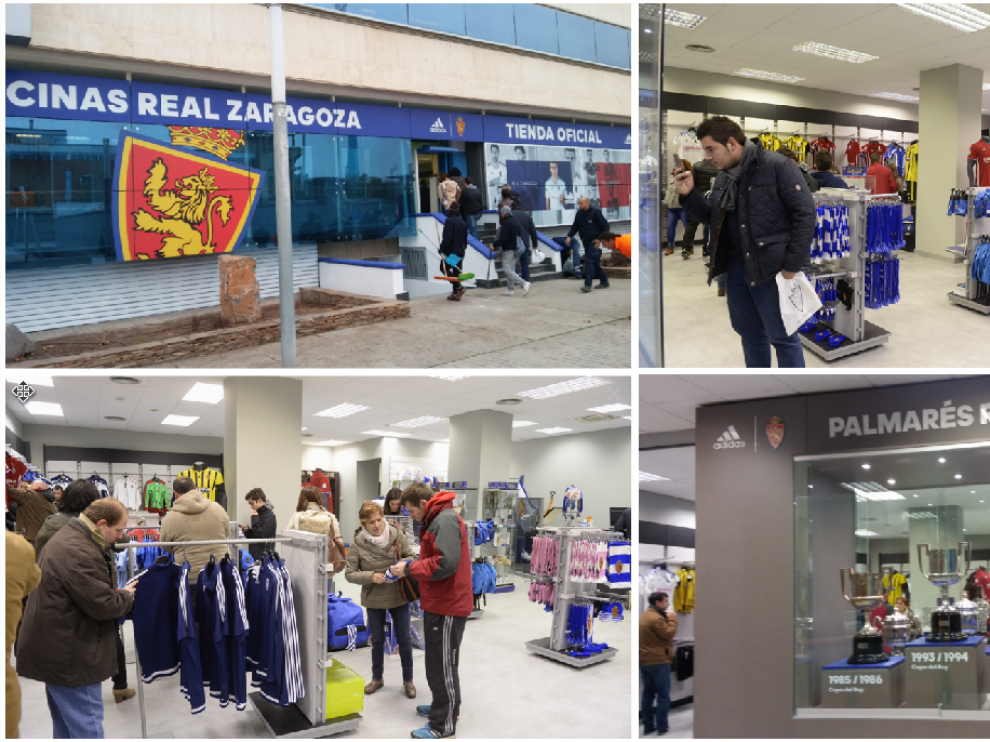 Exterior e interior de la primera parte de las nueva sede del Real Zaragoza que se ha abierto al público este martes, 27 de diciembre: la tienda oficial del club.