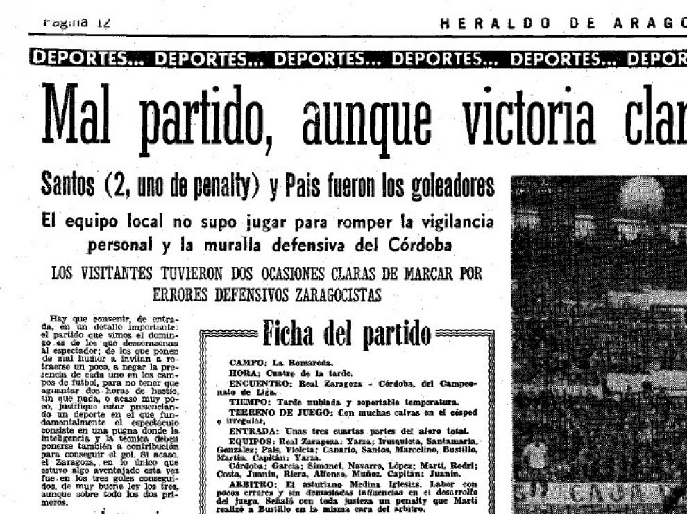 Crónica del Zaragoza 3 - Córdoba 0 disputado el 31 de diciembre de 1967.