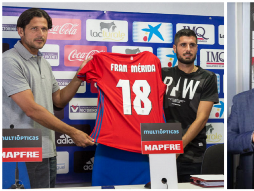 A la izda., Petar Vasiljevic el pasado verano, en su papel de director deportivo, presentando a Fran Mérida como jugador del Osasuna. A la dcha., el mismo Vasiljevic, en la tarde de este jueves 5 de enero, transformado en entrenador por el presidente navarro, Javier Sabalza.
