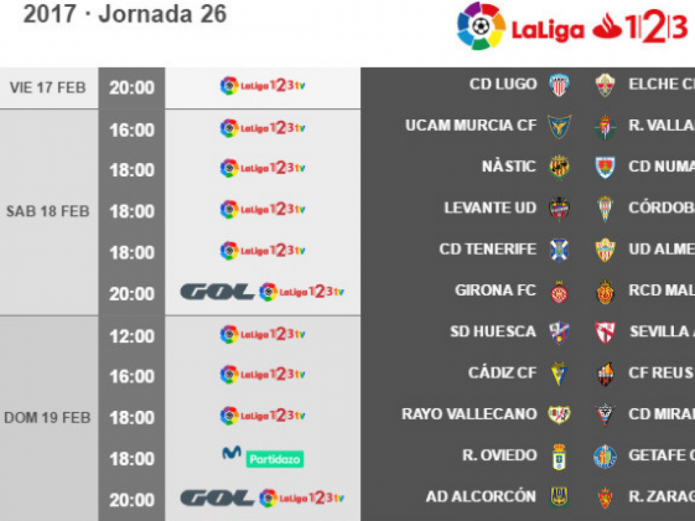 Horarios y fechas de los partidos de la jornada 26ª de Segunda División.