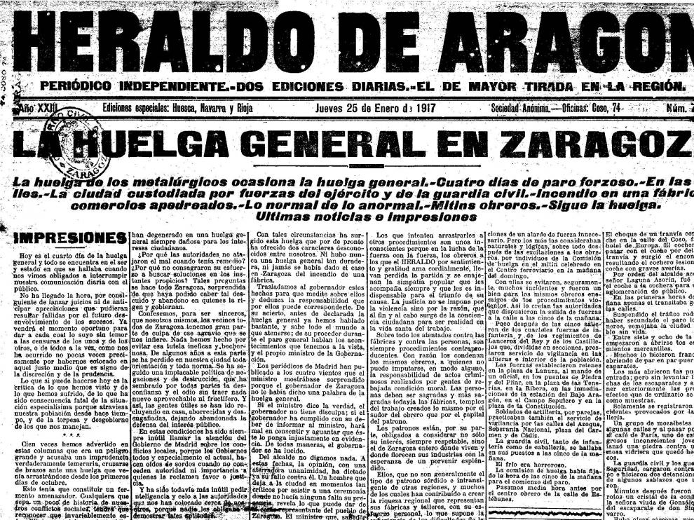 Portada de HERALDO del 25 de enero de 1917 sobre la huelga general en Zaragoza.