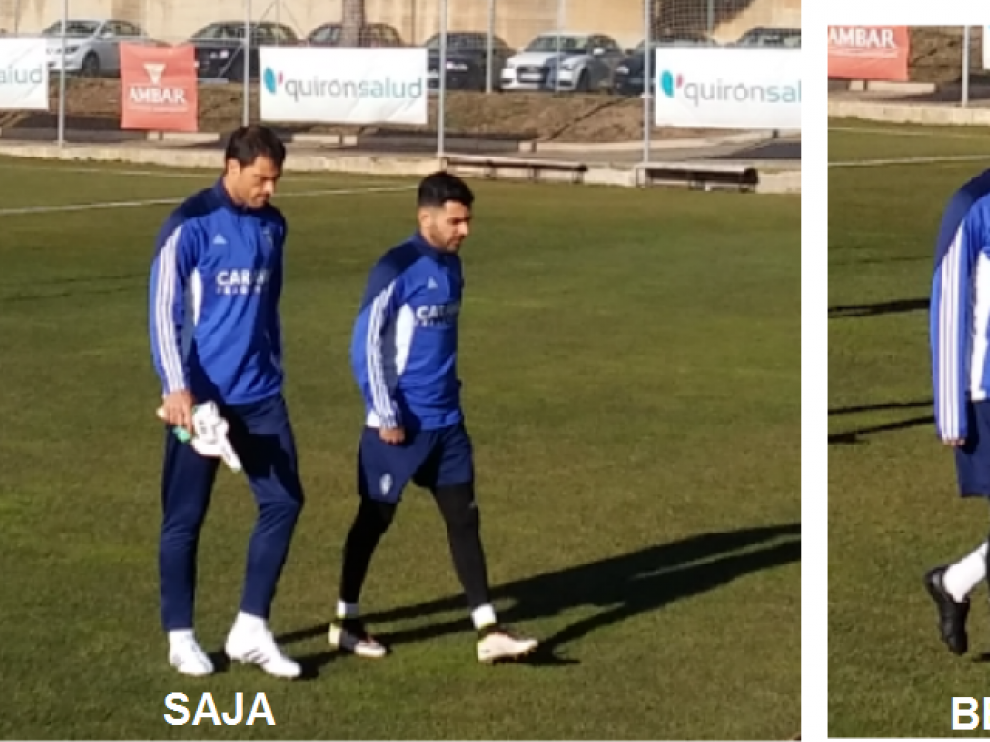 Saja, en la imagen de la izquierda, junto a Ángel; Edu Bedia, a la derecha, charla con Bagnack. Son imágenes del entrenamiento de este sábado en la Ciudad Deportiva. Ambos serán los dos debutantes este domingo ante el Lugo.