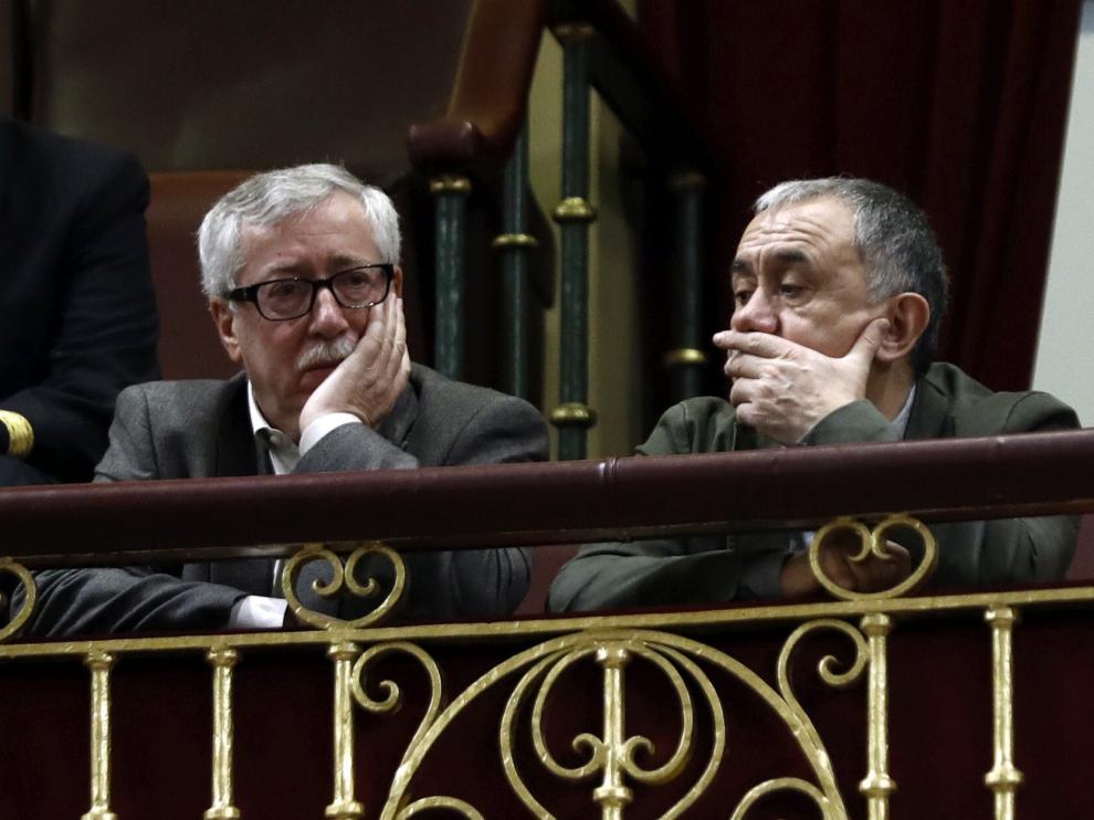 Los secretarios generales de UGT y CC. OO. este jueves en el Congreso.
