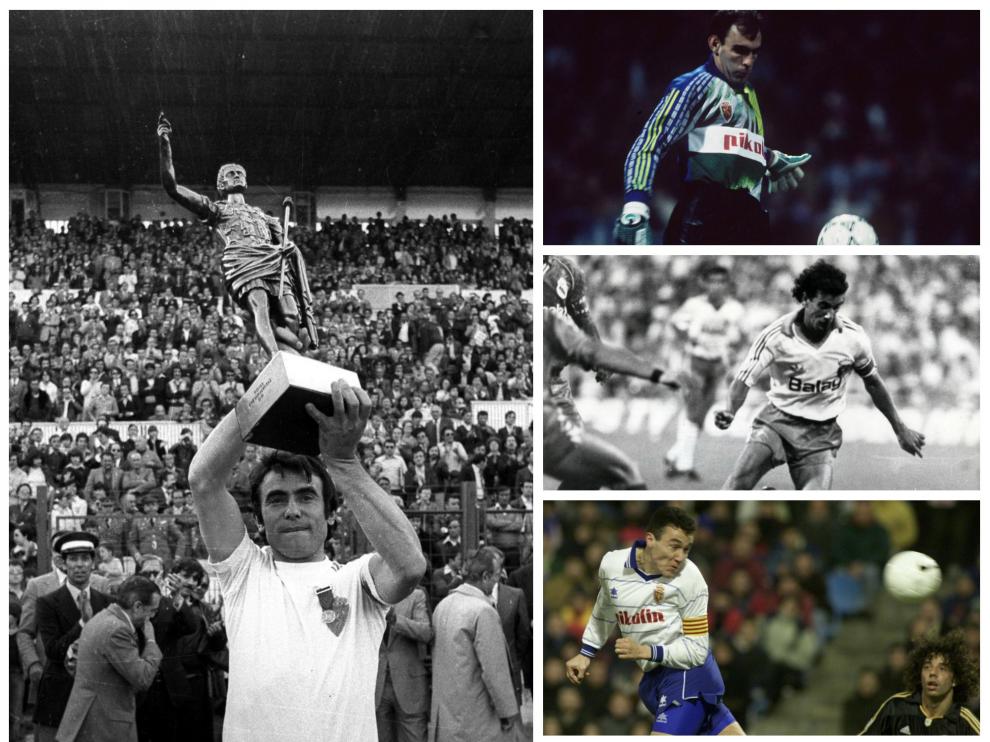 Violeta, Cedrún, Señor, Aguado y Casuco durante sus etapas como futbolistas del Real Zaragoza.