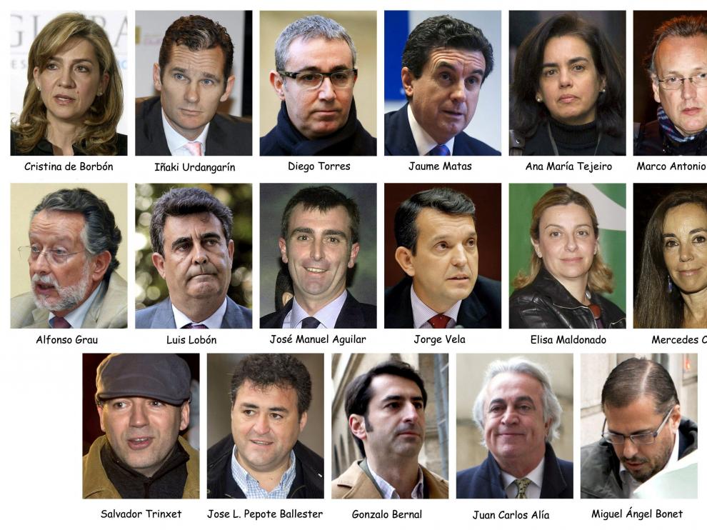 Fotografía de archivo de los 17 acusados en el caso Nóos. La Audiencia de Palma da a conocer este viernes la sentencia sobre la investigación a Iñaki Urdangarín, su esposa la infanta Cristina y otras 15 personas.