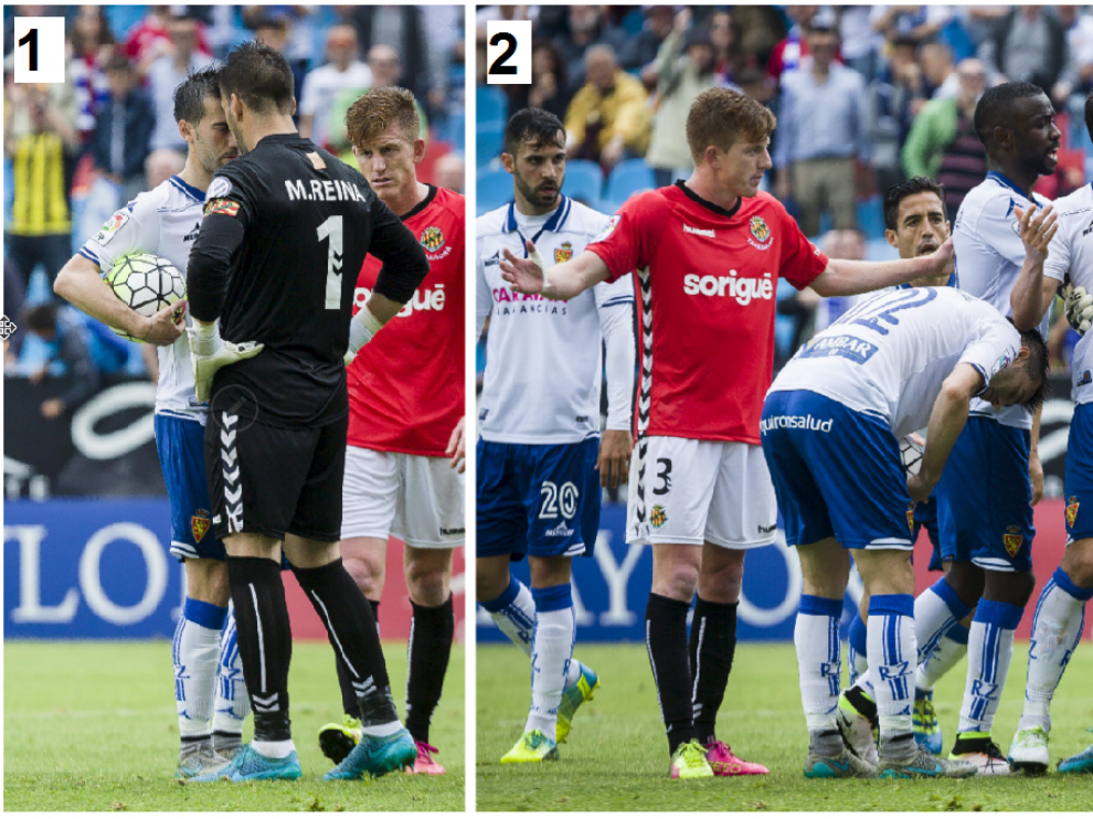 Dos momentos del lío que provocó Manolo Reina en el partido de la pasada liga en La Romareda entre el Real Zaragoza y el Nástic de Tarragona. En la primera imagen, encarándose frente a frente con Lanzarote cuando éste iba a lanzar el penalti. En la segunda, empujándose con varios zaragocistas que acudieron al ver que se estaba pisoteando el punto de penalti por parte de los jugadores del Nástic.