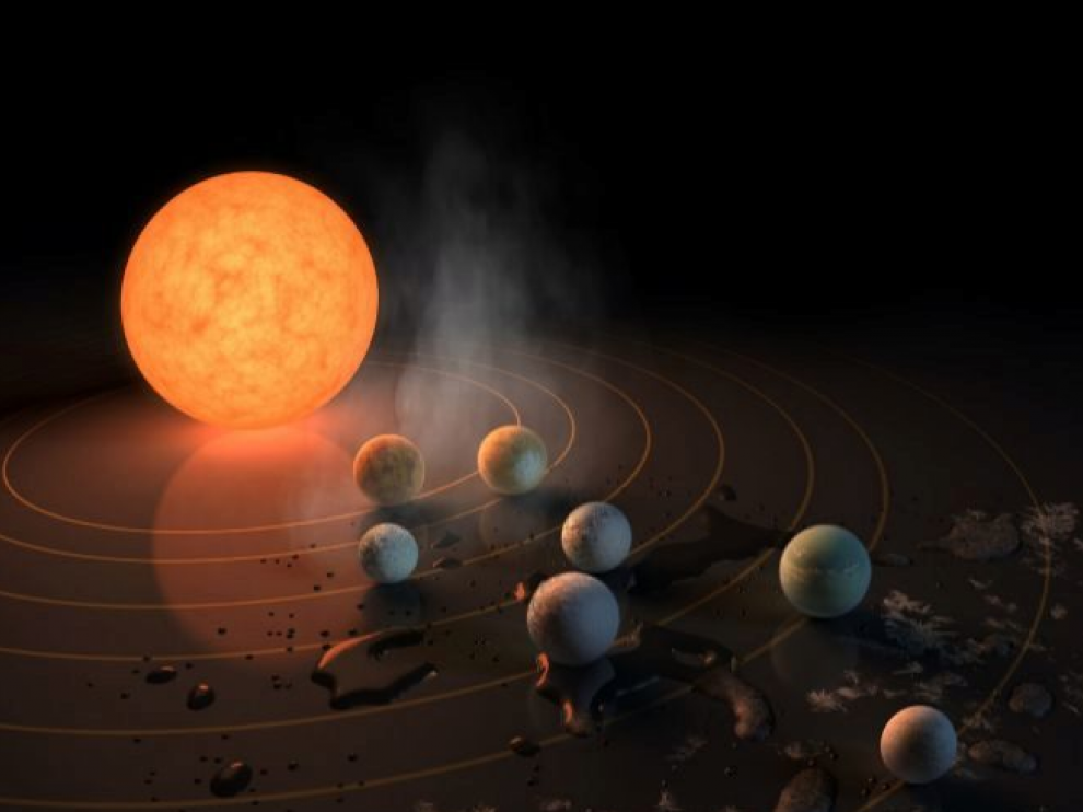 Recreación artística de la NASA de siete planetas orbitando la estrella enana roja.