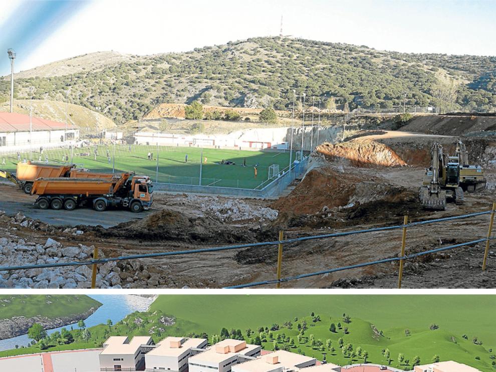 Arriba, avance de las obras del nuevo edificio de I+D+i del Campus Duques de Soria. Abajo, reproducción de cómo sería el mismo.