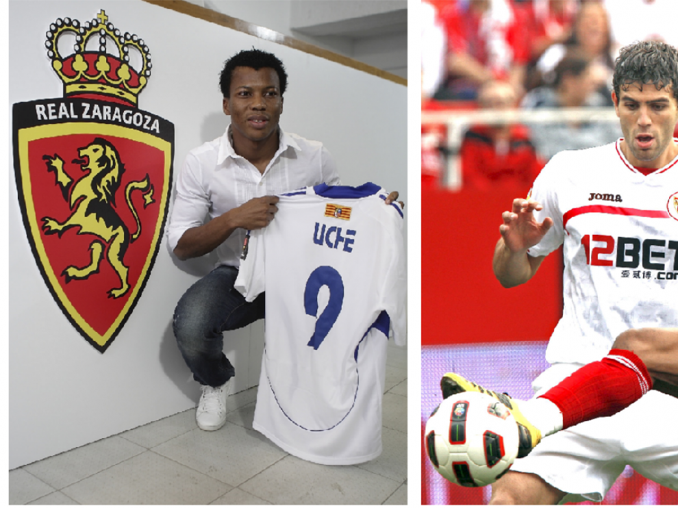 A la izquierda, Uche el día de su presentación con el Real Zaragoza, el 20 de julio de 2009. A la derecha, un lance del Sevilla-Real Zaragoza del 12 de septiembre de 2009, con Fazio, en el que se rompería la rodilla el ariete zaragocista.