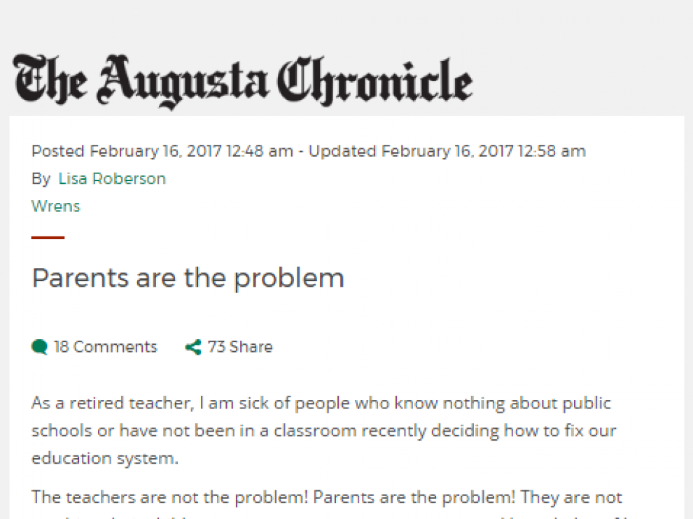 La carta que envió Lisa Roberson, titulada "Los padres son el problema", al director del 'The Augusta Chronicle',