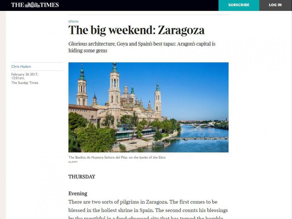 The Sunday Times, el dominical británico, ha publicado una crónica sobre la ciudad de Zaragoza.