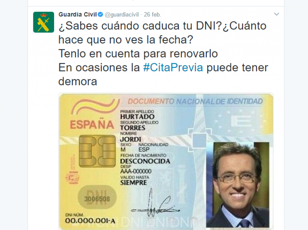 El 'tuit' de la Guardia Civil sobre Jordi Hurtado para animar a renovar el DNI.
